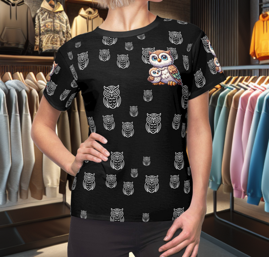 Adorable Owl Family Print - Women's Black Tee - Cute Owl Shirt for Animal Lovers