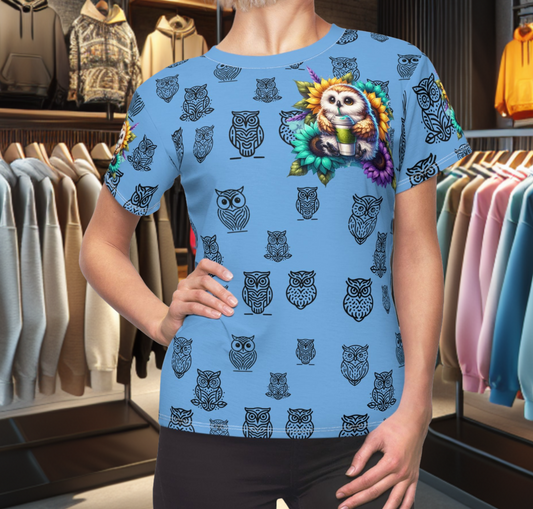 Women's Blue Tee - Adorable Owl with Drink Cup Print