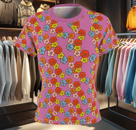 Women's Pink Tee -Floral Print, Cute Summer Top, Festival Fashion