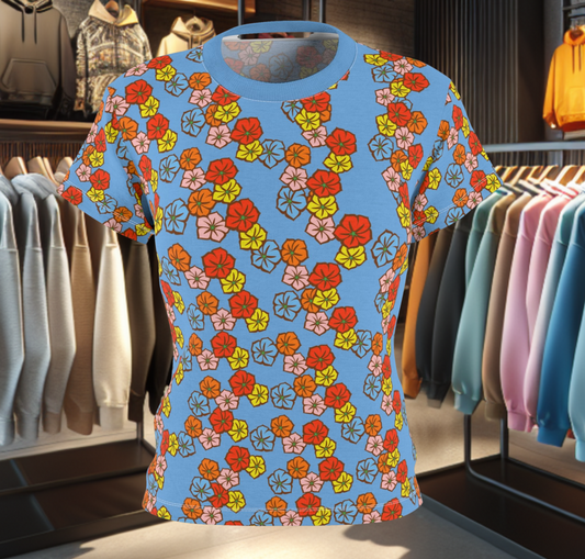 Women's Blue Tee - Floral Print, Cute Summer Top, Festival Fashion