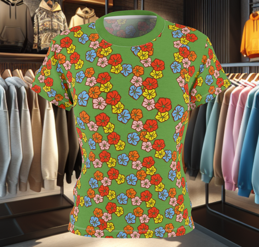 Women's Green Tee - Floral Print, Cute Summer Top, Festival Fashion