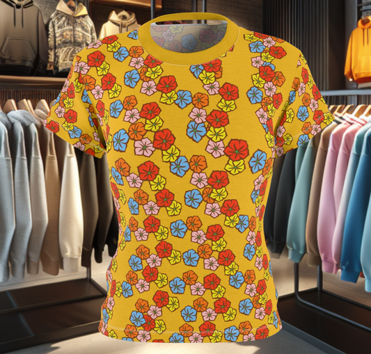 Women's Yellow Tee - Floral Print, Cute Summer Top, Festival Fashion