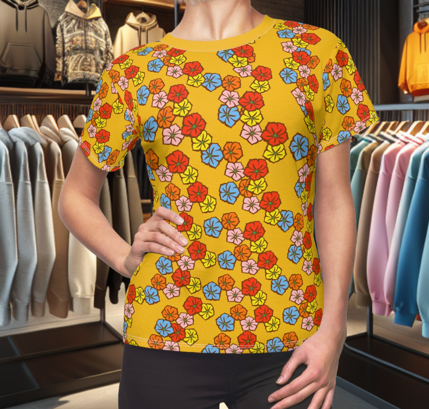 Women's Yellow Tee - Floral Print, Cute Summer Top, Festival Fashion