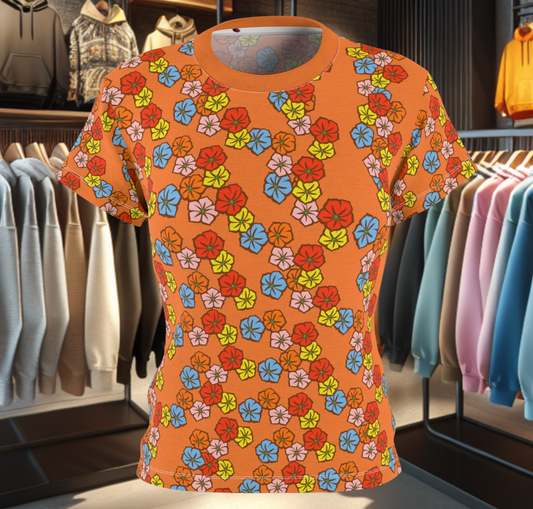 Women's Orange Tee - Floral Print, Cute Summer Top, Festival Fashion