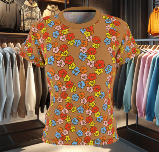 Women's Brown Tee - Floral Print, Cute Summer Top, Festival Fashion
