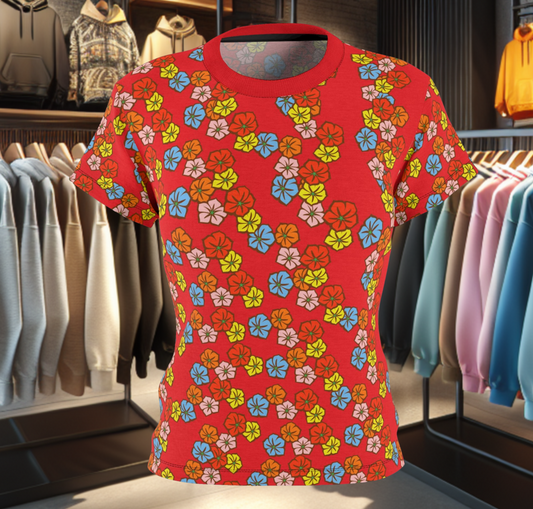 Women's Red Tee - Floral Print, Cute Summer Top, Festival Fashion