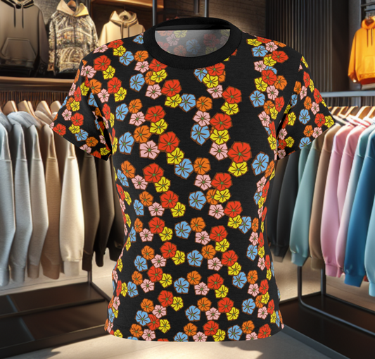 Women's Black Tee - Floral Print, Cute Summer Top, Festival Fashion