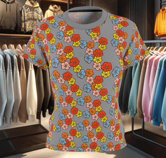 Women's Gray Tee - Floral Print, Cute Summer Top, Festival Fashion