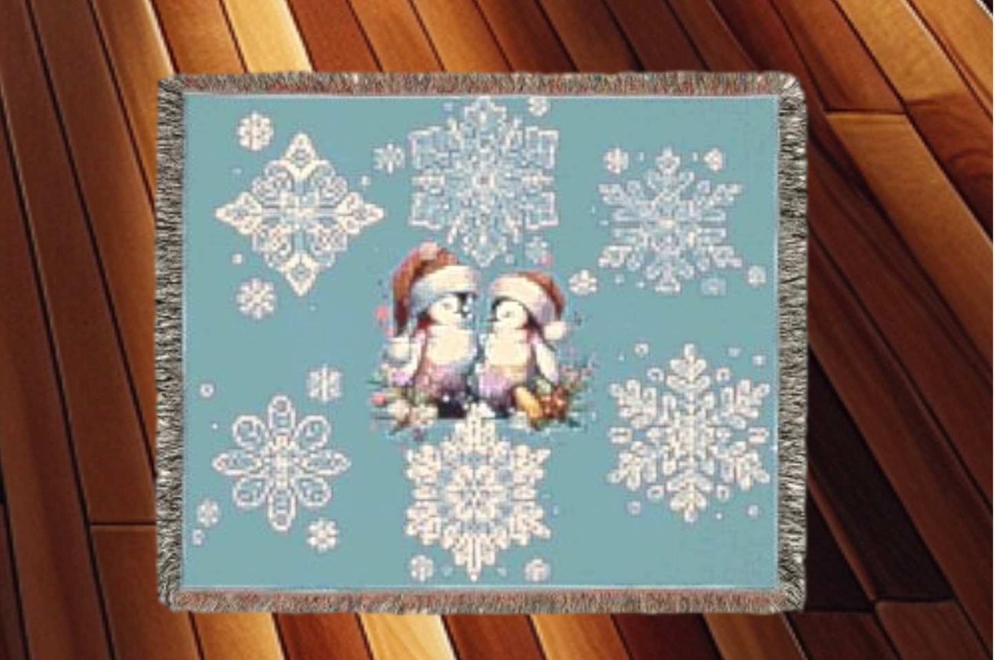 Woven Blanket - Penguin Love Cozy Winter Throw with Snowflakes - Holiday Home Decor