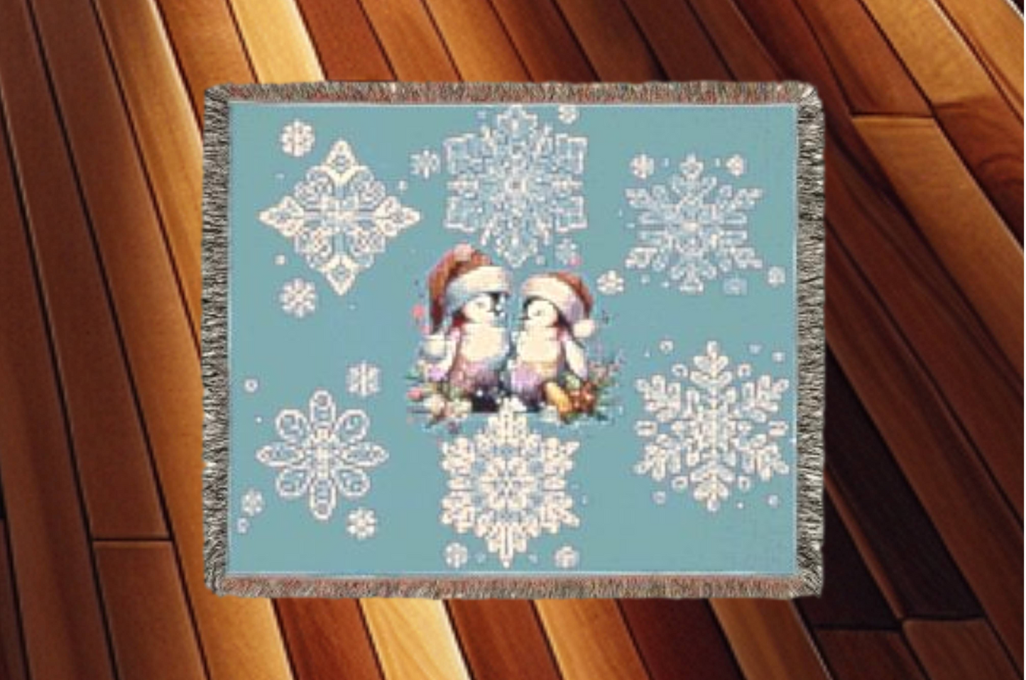 Woven Blanket - Penguin Love Cozy Winter Throw with Snowflakes - Holiday Home Decor