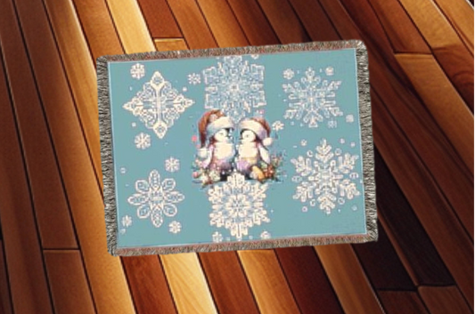 Woven Blanket - Penguin Love Cozy Winter Throw with Snowflakes - Holiday Home Decor