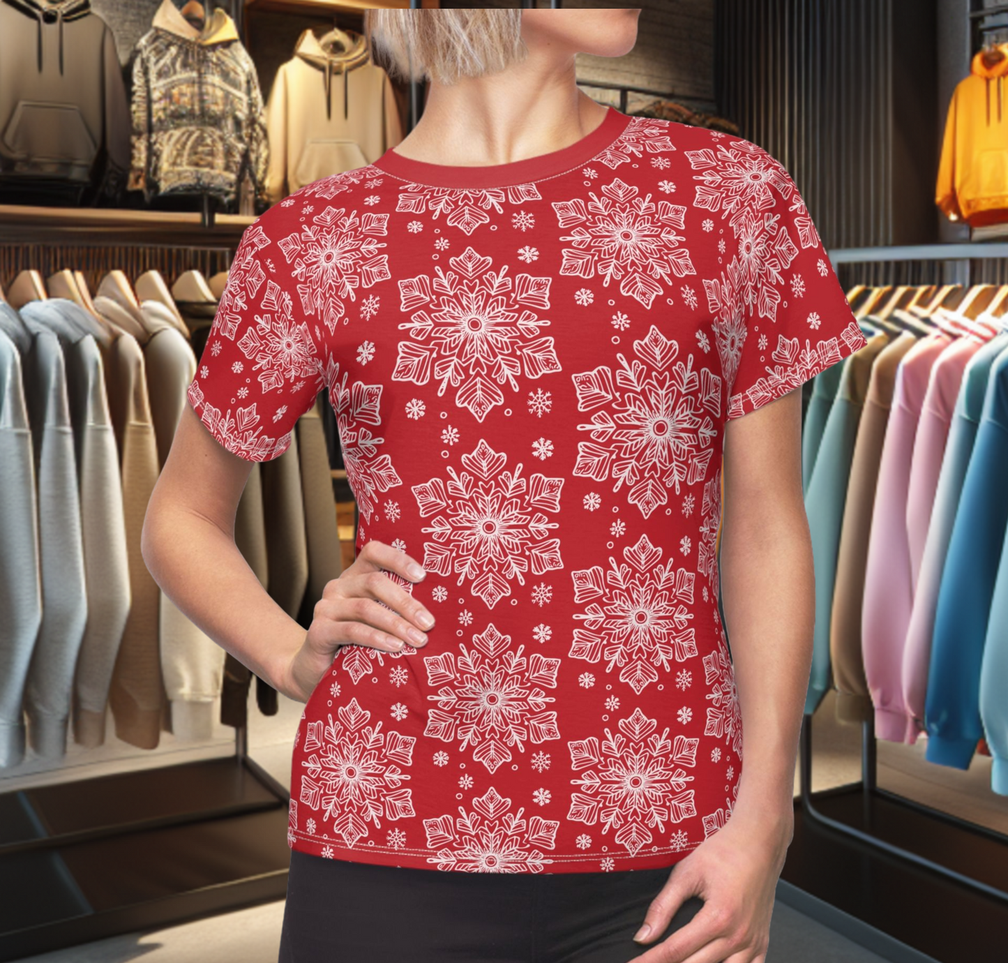Women's Festive Red Tee - with a Snowflake Print Winter Top