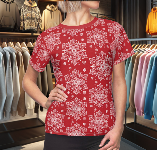 Women's Festive Red Tee - with a Snowflake Print Winter Top