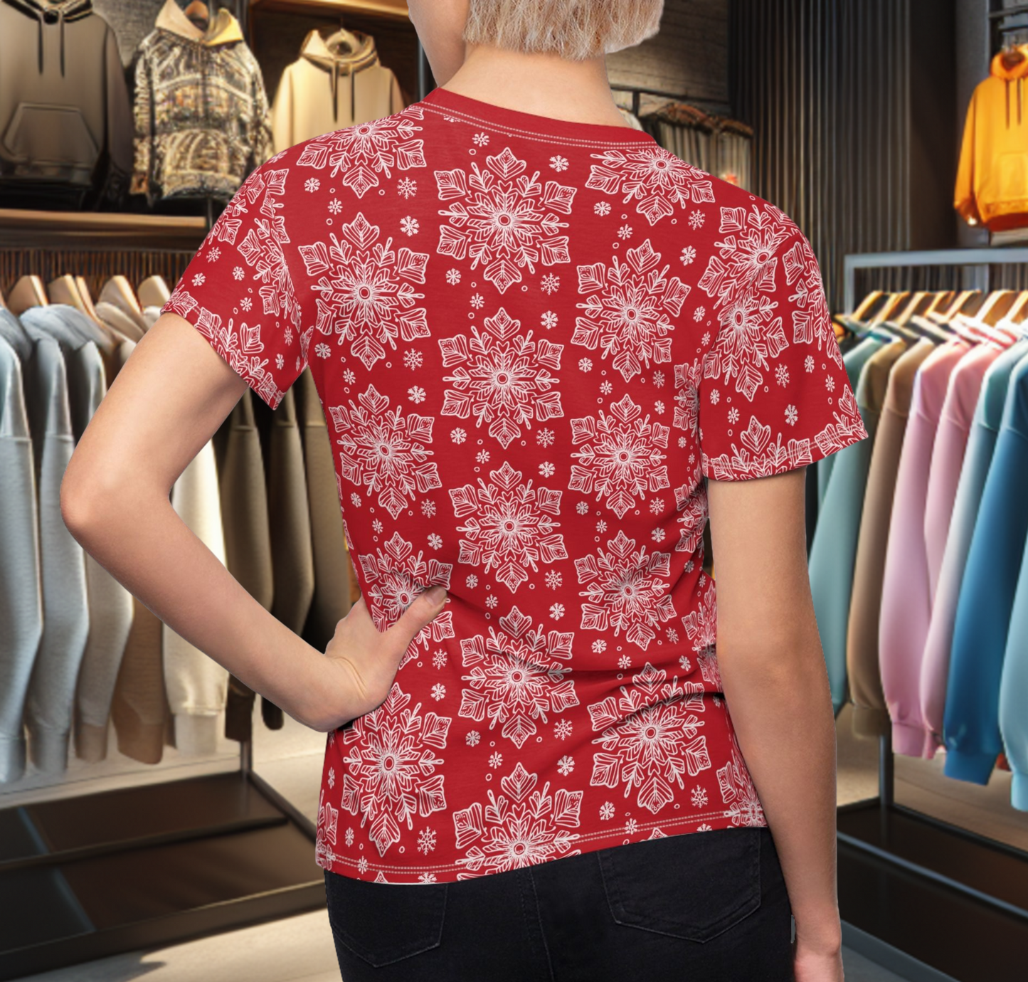 Women's Festive Red Tee - with a Snowflake Print Winter Top