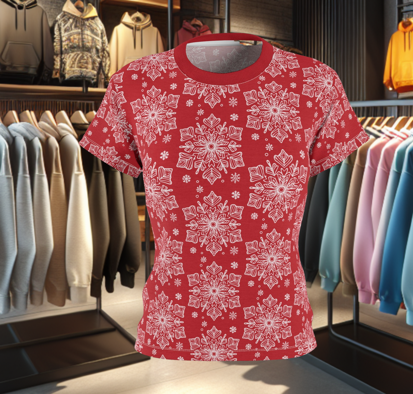 Women's Festive Red Tee - with a Snowflake Print Winter Top