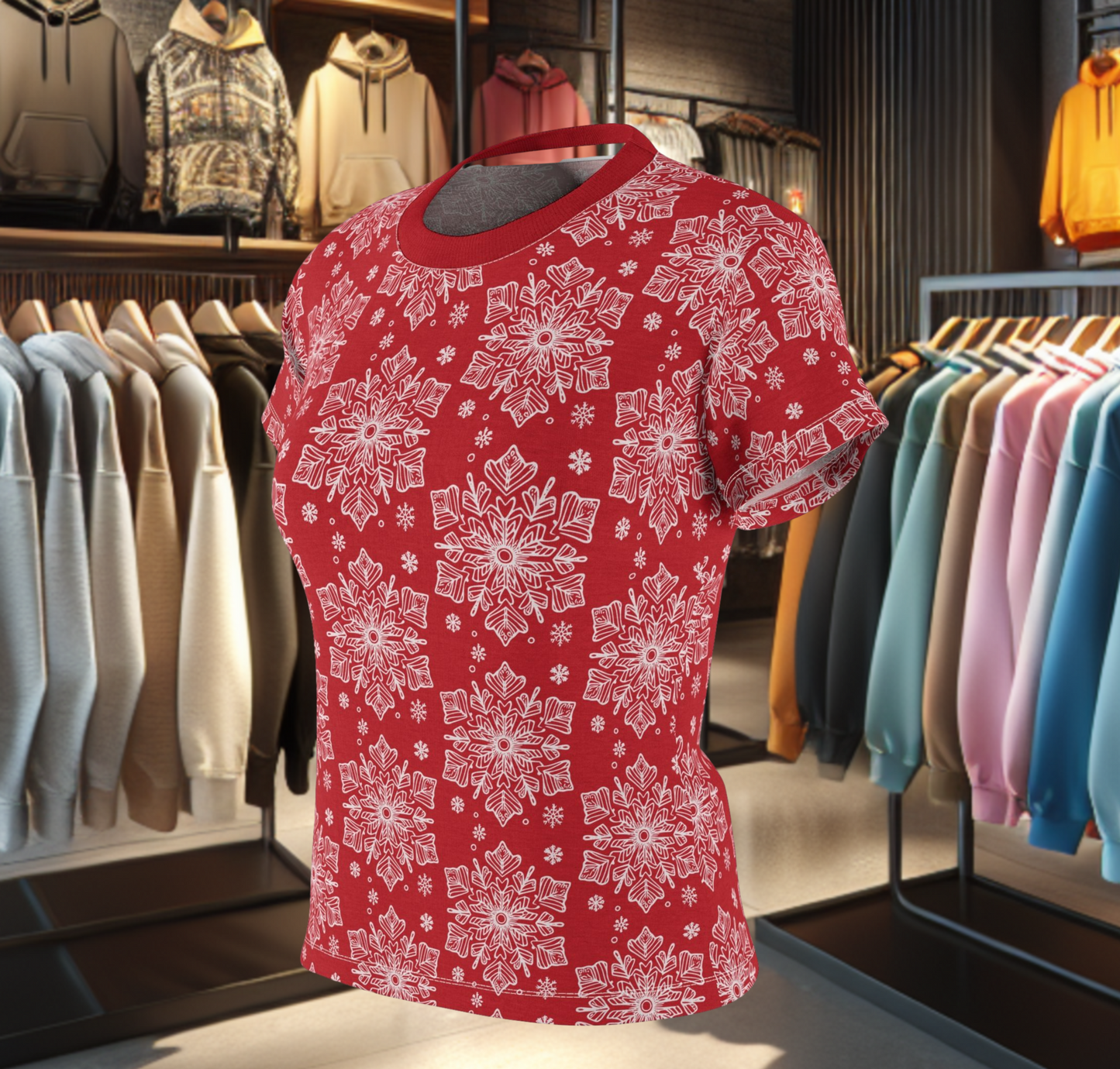 Women's Festive Red Tee - with a Snowflake Print Winter Top