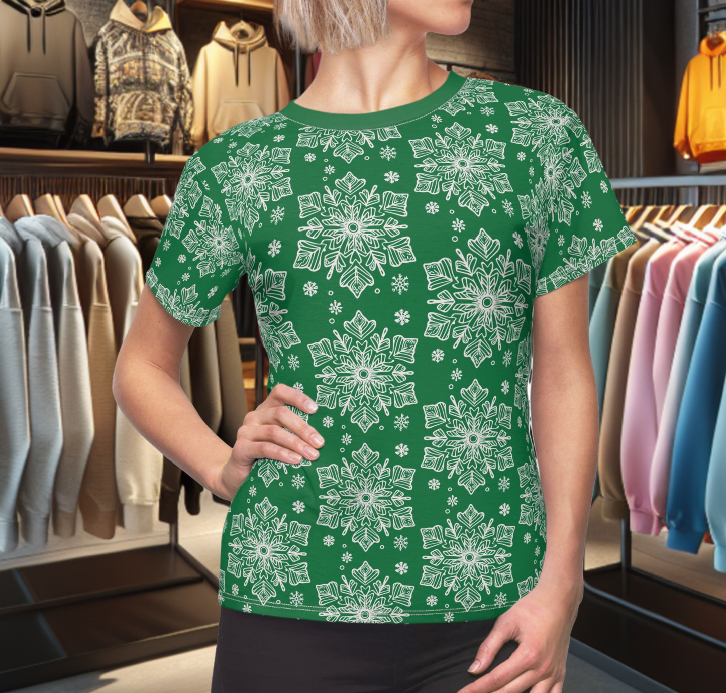 Women's Festive Green Tee - with a Snowflake Print Winter Top