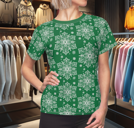 Women's Festive Green Tee - with a Snowflake Print Winter Top