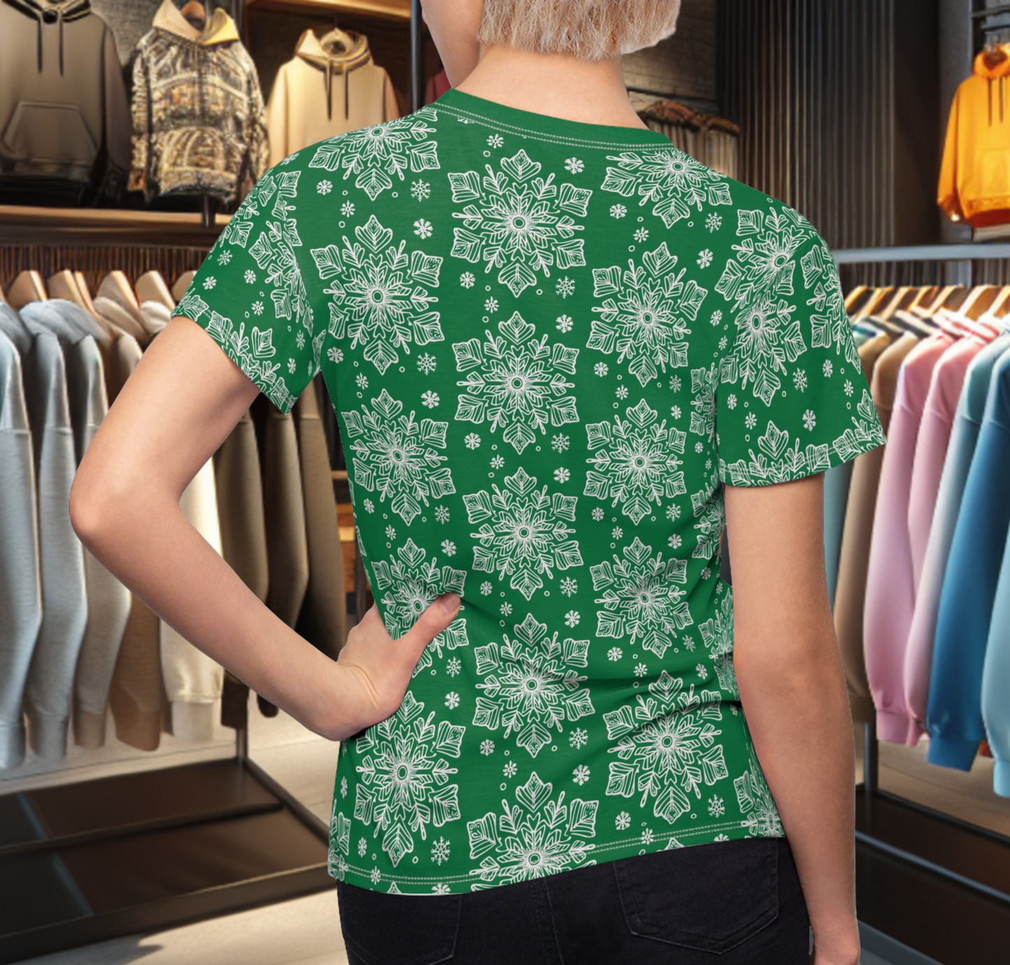 Women's Festive Green Tee - with a Snowflake Print Winter Top