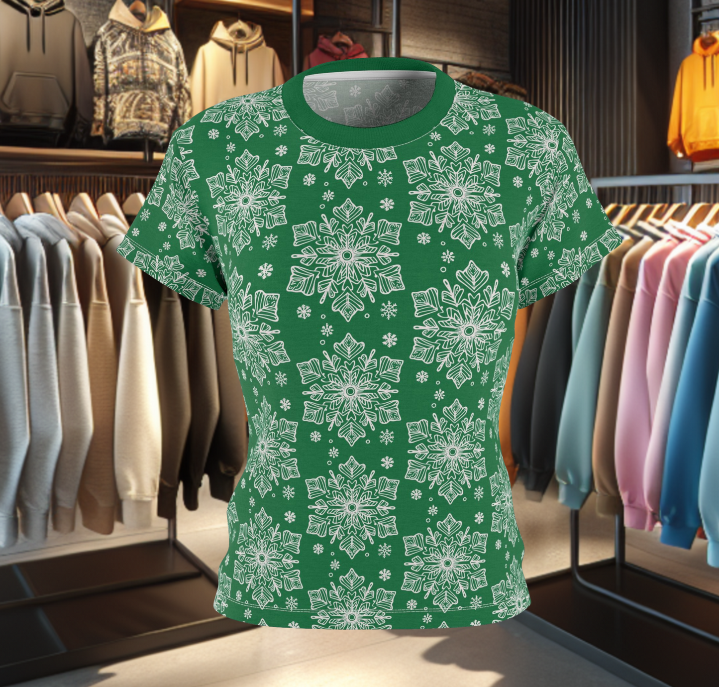 Women's Festive Green Tee - with a Snowflake Print Winter Top