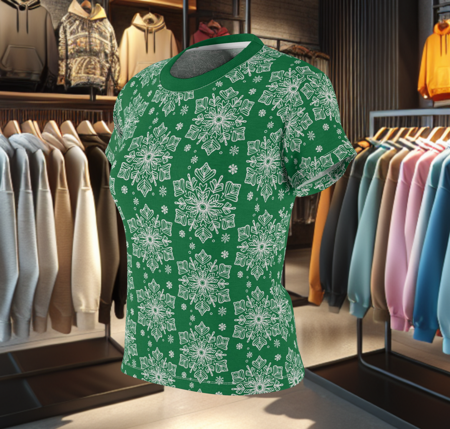 Women's Festive Green Tee - with a Snowflake Print Winter Top