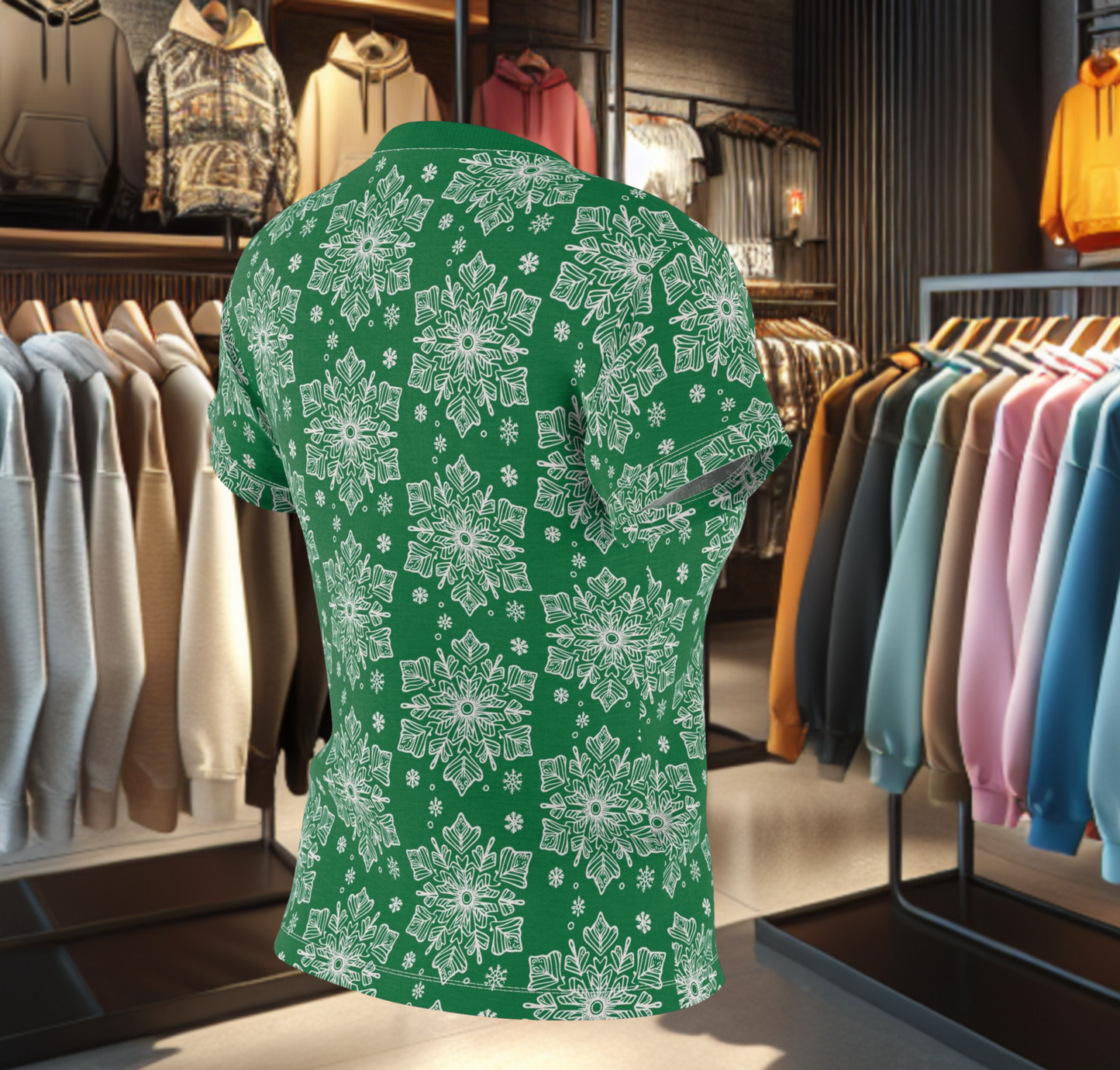 Women's Festive Green Tee - with a Snowflake Print Winter Top