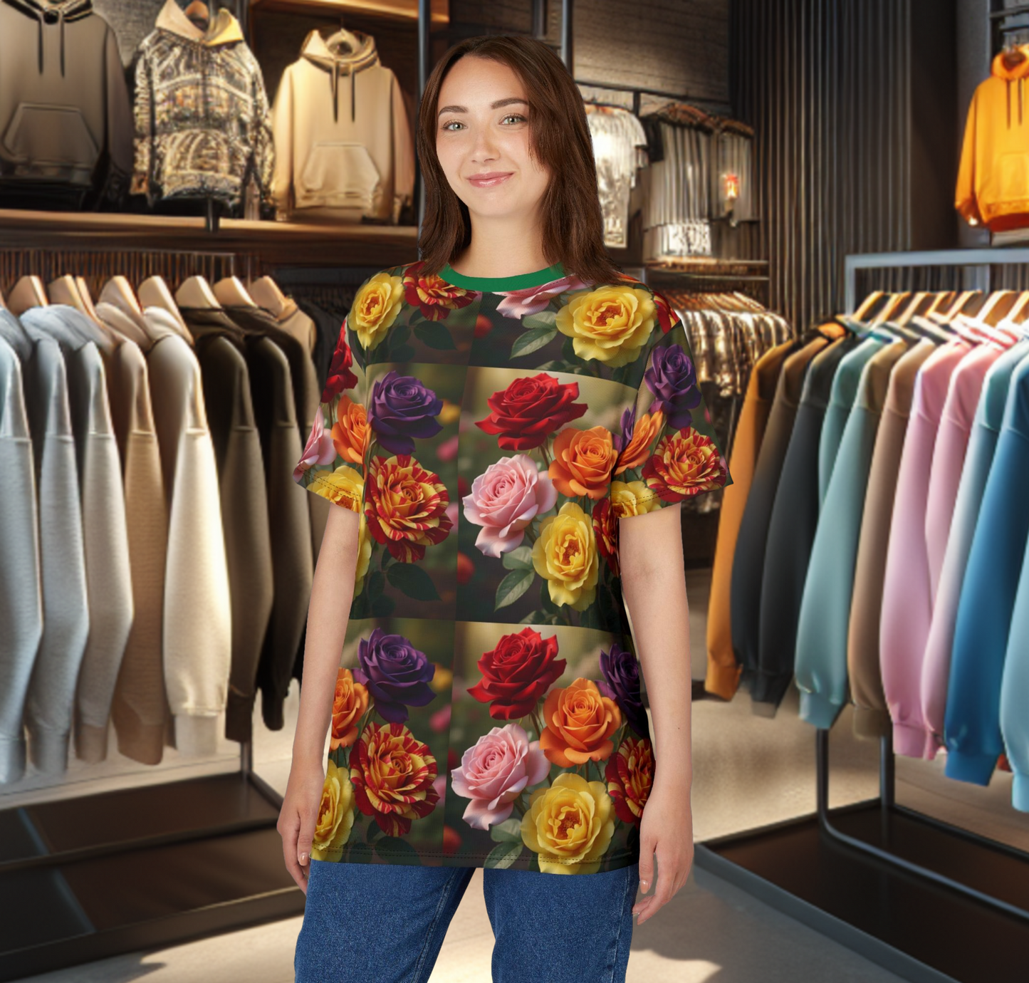 Colorful Roses Tee -Shirt with Vibrant All-Over Print Floral Design