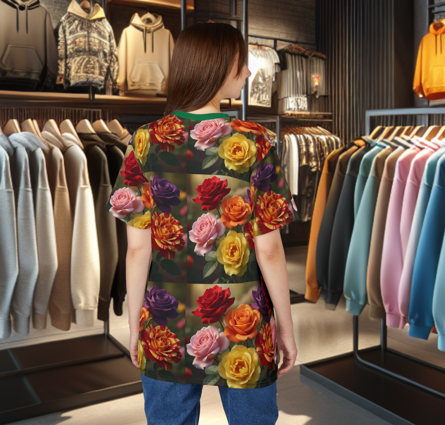 Colorful Roses Tee -Shirt with Vibrant All-Over Print Floral Design