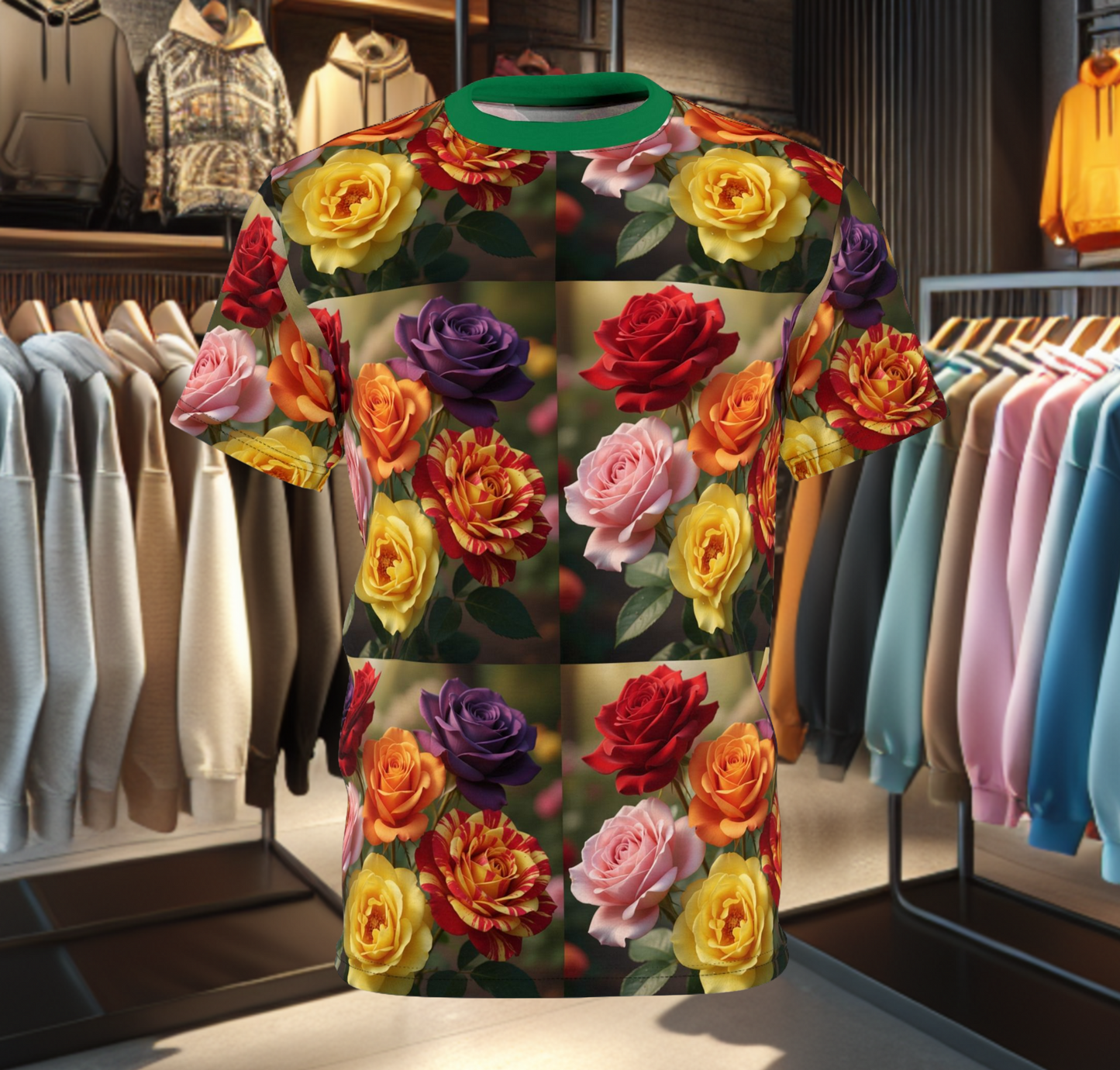 Colorful Roses Tee -Shirt with Vibrant All-Over Print Floral Design