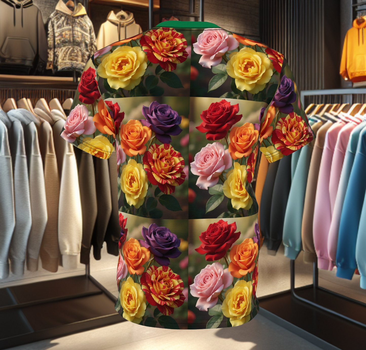 Colorful Roses Tee -Shirt with Vibrant All-Over Print Floral Design