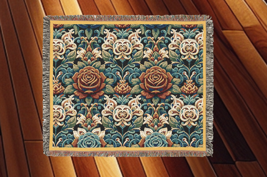 Blanket 80"x60" - Rose Garden- Woven Blanket with Fringe