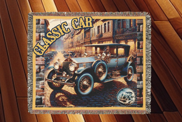 Blanket 80"x60"- Classic Blue Car Woven Blanket w/ Fringe