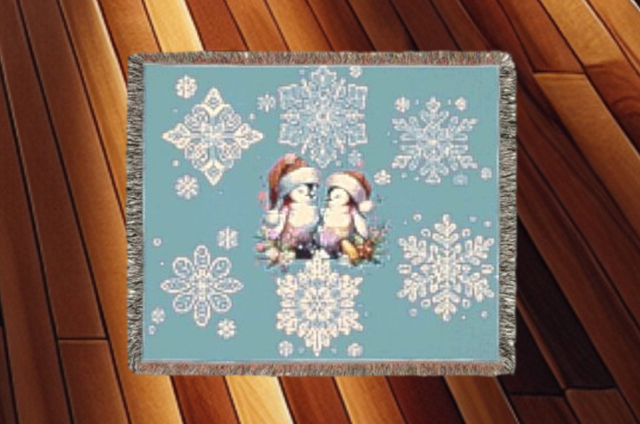 Woven Blanket - Penguin Love Cozy Winter Throw with Snowflakes - Holiday Home Decor