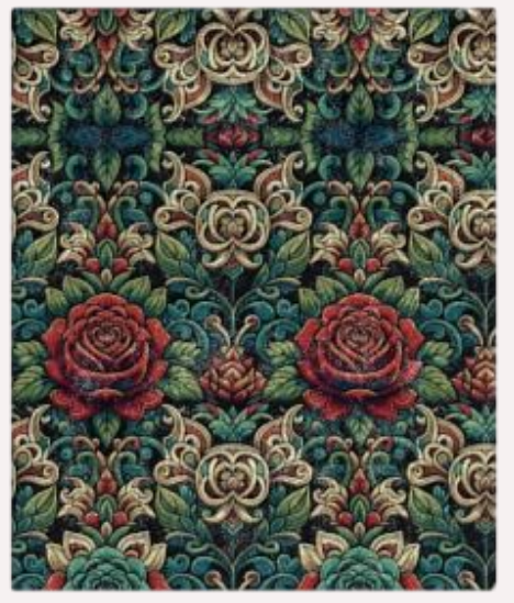 Red Roses Crushed Velvet Blanket — Vintage Floral Velvet Throw (Red Roses & Ornate Green Scrollwork)