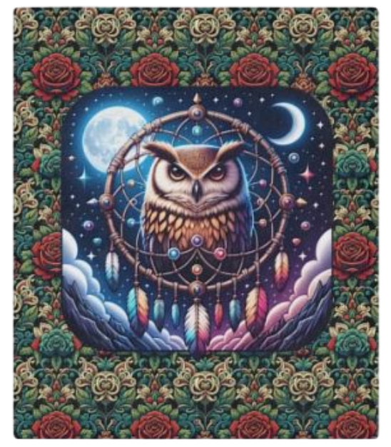 Owl Dreamcatcher Minky Blanket – Boho Night Sky Throw with Roses