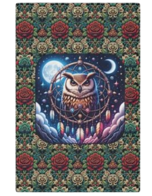 Owl Dreamcatcher Minky Blanket – Boho Night Sky Throw with Roses
