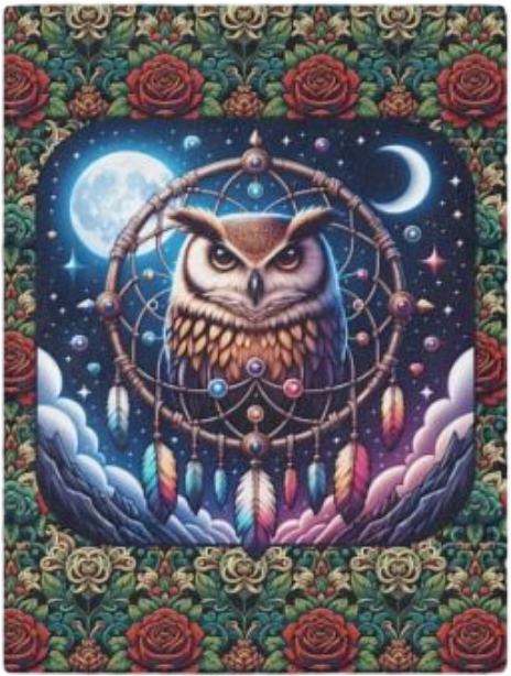 Owl Dreamcatcher Minky Blanket – Boho Night Sky Throw with Roses