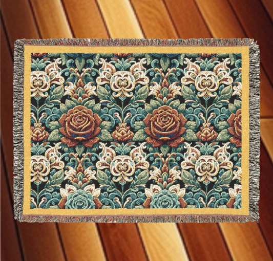 Blanket 80"x60" - Rose Garden- Woven Blanket with Fringe