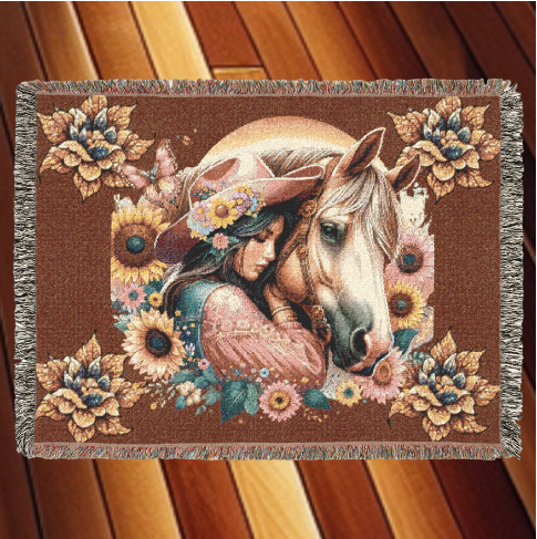 Cowgirl & Horse Woven Blanket – Boho Western Tapestry Throw