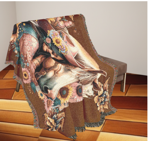 Cowgirl & Horse Woven Blanket – Boho Western Tapestry Throw