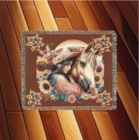 Cowgirl & Horse Woven Blanket – Boho Western Tapestry Throw