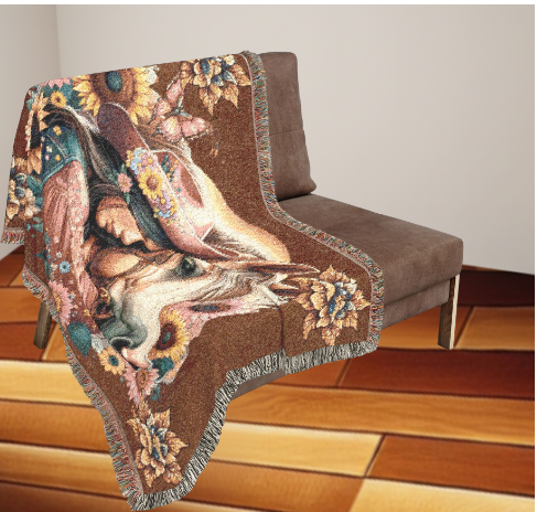 Cowgirl & Horse Woven Blanket – Boho Western Tapestry Throw