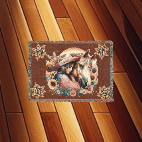 Cowgirl & Horse Woven Blanket – Boho Western Tapestry Throw