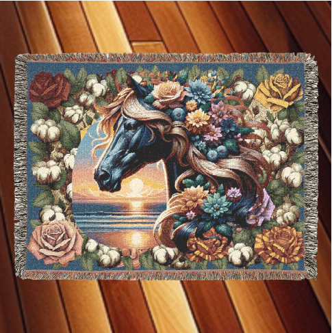 Sunset Stallion Woven Blanket – Floral Horse Tapestry Throw