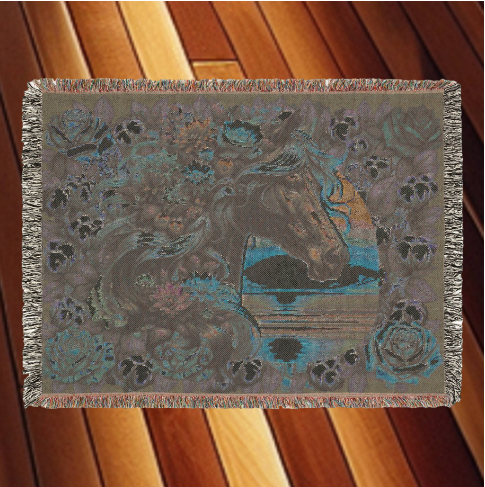 Sunset Stallion Woven Blanket – Floral Horse Tapestry Throw