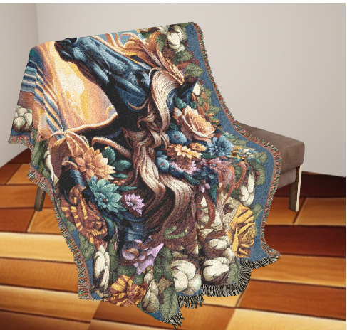 Sunset Stallion Woven Blanket – Floral Horse Tapestry Throw