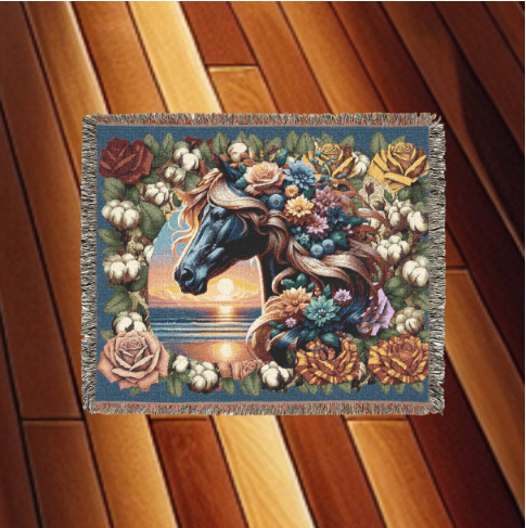 Sunset Stallion Woven Blanket – Floral Horse Tapestry Throw