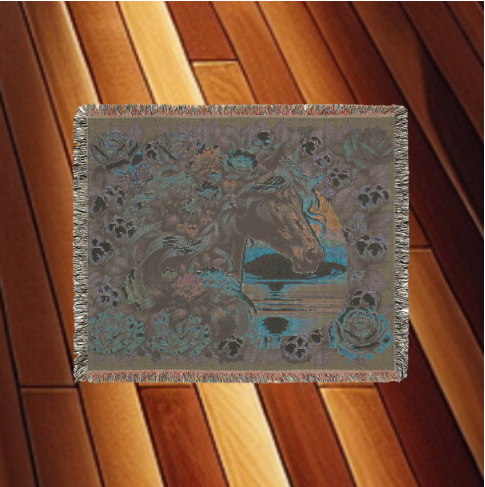 Sunset Stallion Woven Blanket – Floral Horse Tapestry Throw