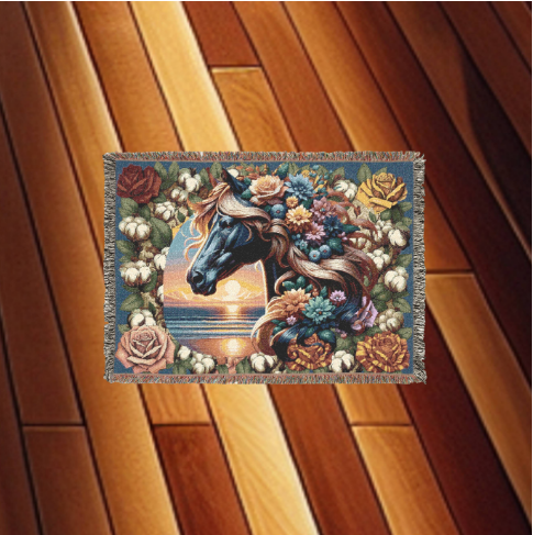 Sunset Stallion Woven Blanket – Floral Horse Tapestry Throw