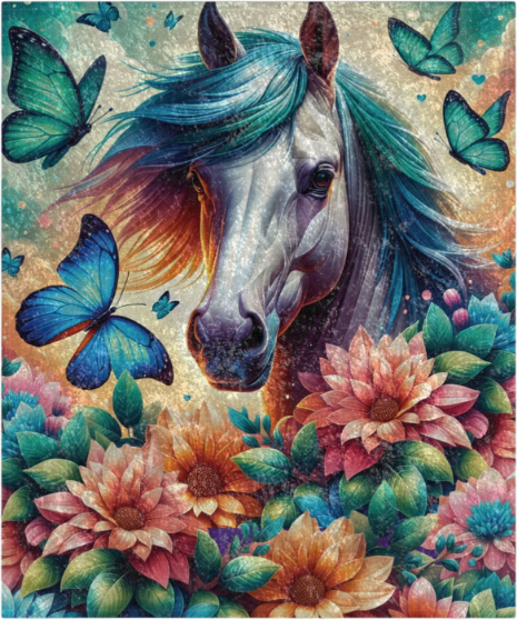 Horse & Butterflies Floral-Crushed Velvet Blanket - Throw